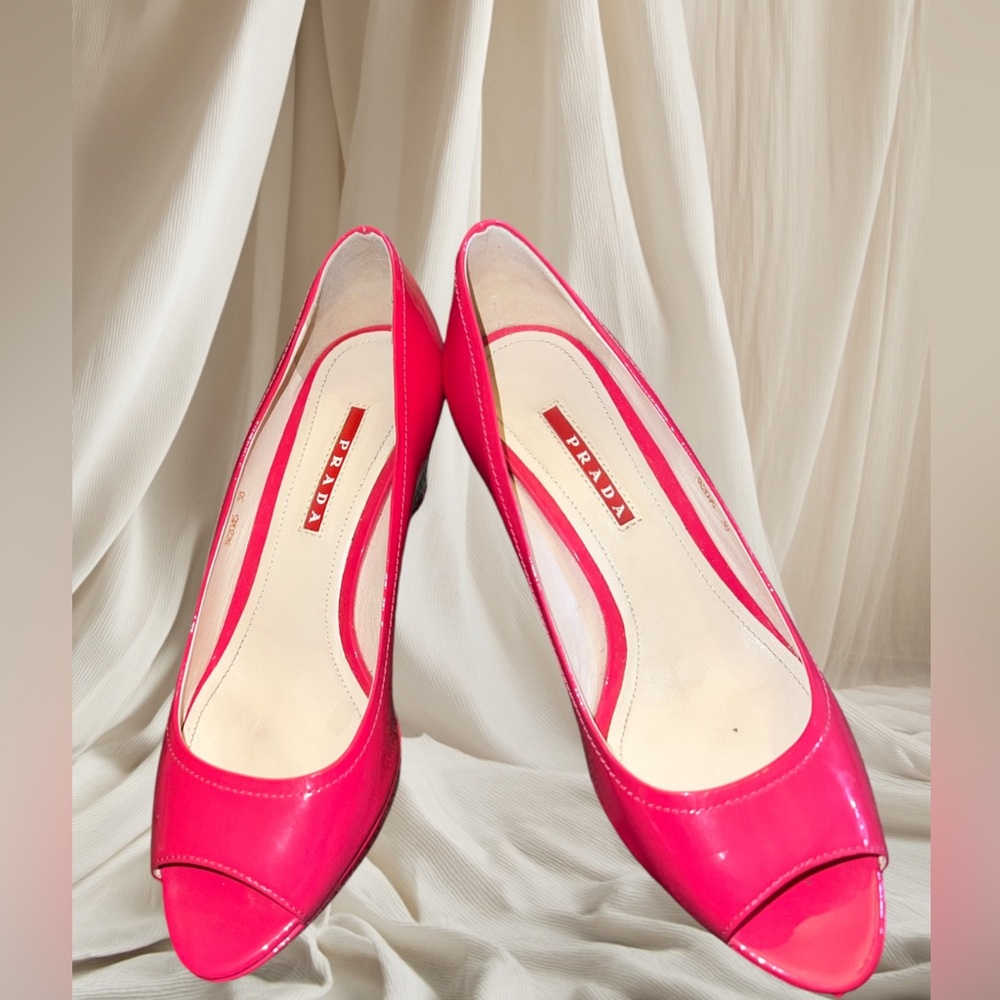 Sale Prada Peeptoe Vibrant Pink Wedge Platform He… - image 1